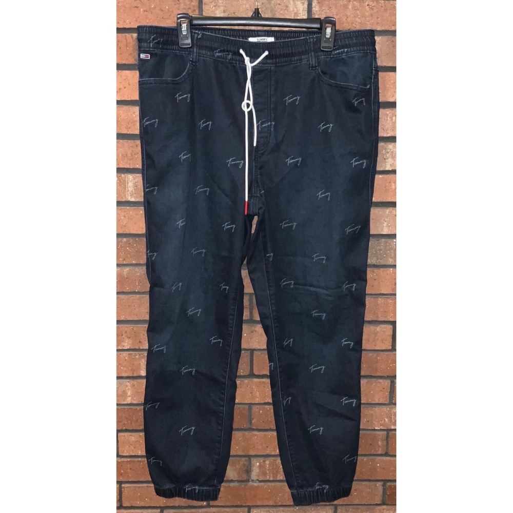Tommy Jeans‎ Mens Navy Blue All Over Script Logo Denim Jogger Pants Size Large